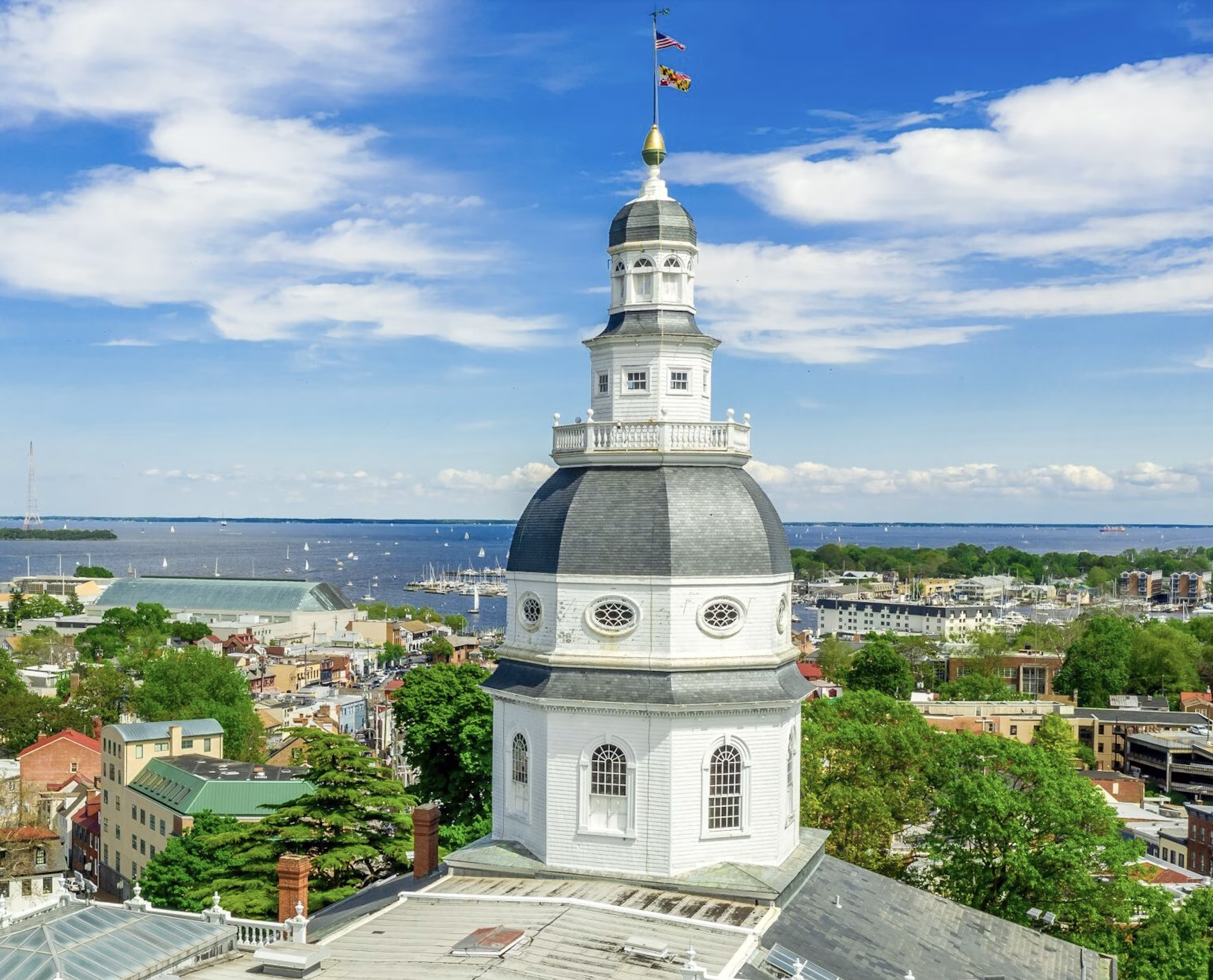 The dome of the Maryland State House, featuring a gray and white design with a weather vane on top. Surrounding the dome are green trees and buildings, with a view of a harbor and boats in the background under a blue sky with clouds